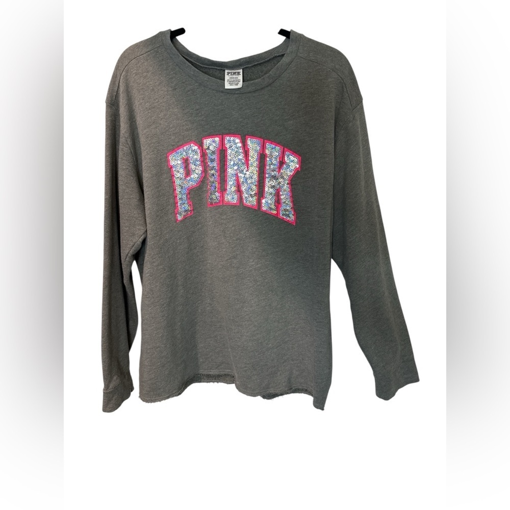 PINK Victoria’s Secret Sequin Logo Gray Long Sleeve Top Large - Picture 3 of 6